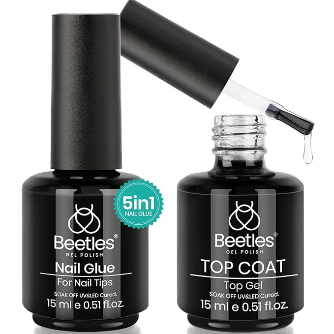 Beetles Gel Nail Glue and No Wipe Top Coat Kit, 2Pcs 15ml 5 In 1 UV Nail Glue for Acrylic Nail Tips Clear Press On Nails, Easy Nail Extension Gel, Soak Off LED Shine Finish DIY Home Manicure