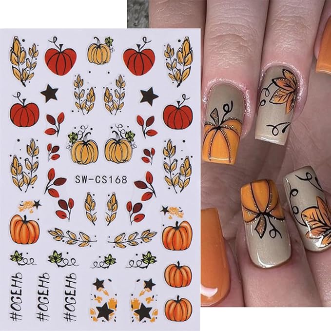 Fall Nail Stickers Autumn Pumpkin Maple Leaf Nail Art Stickers 6PCS 3D Self-Adhesive Fallen Leaf Pumpkins Flowers Fall Nails Design Manicure Decals Supply for Thanksgiving Day DIY Nail Decorations