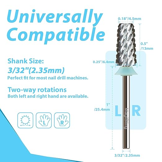Professional Nail Drill Bits, Tungsten Carbide Cross Cut Tapered Barrel 3/32'' Safety Bits, Left Right Hand Use, Remove Gel Fast, Manicure Pedicure Cuticle Gel Polishing, Quadruple Coarse.
