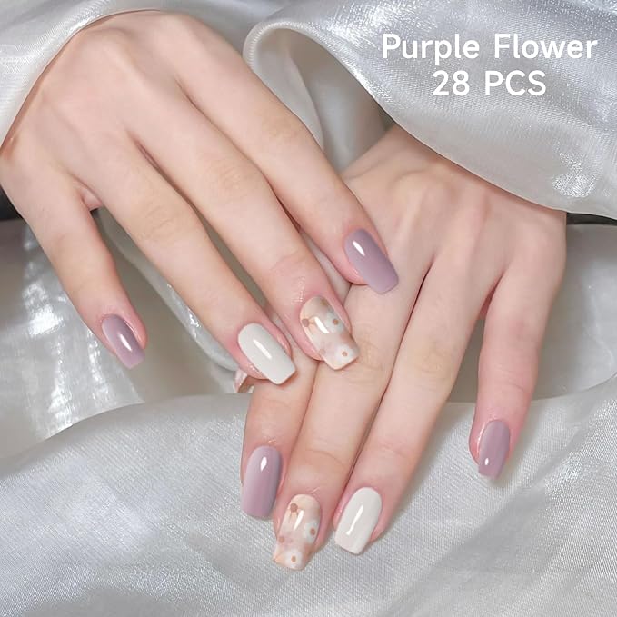 28pcs Semi Cured Gel Nail Strips, Long Lasting UV Gel Nail Stickers for Women Kit, Nails Wraps for Home DIY (Purple Flower)