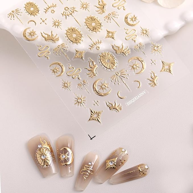 Gold Snake Nail Art Stickers 5D Self-Adhesive Embossed Moon Sun Pattern Design Nail Decals Retro Gilded Snake Nail Supplies for Women Girls DIY Summer Manicure Decoration Exquisite Cardboard 1 Sheet