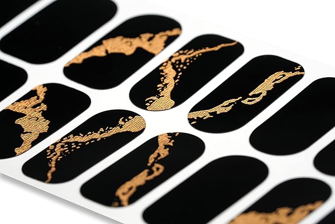 | 20 Exquisite Gel Nail Polish Strips w/Application Accessories - No UV/LED Lamp Required (Gold Flake & Black)