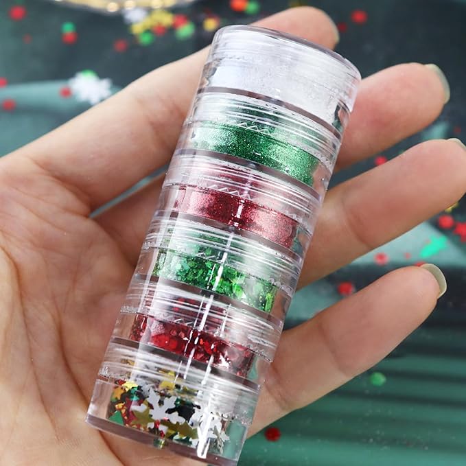 Snowflake Nail Art Glitter Christmas Nail Sequins Flakes, 3 Colors Manicure fine Glitter Powder, 3D Holographic White Green Red Winter Nail Stickers Decals Supplies Nail Charms for Women Girls 6 Box