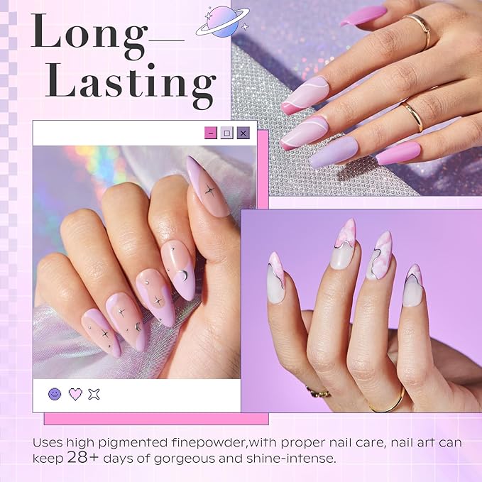 AZUREBEAUTY Dip Powder Nail Kit Starter, Pastel Lavender Pink Glitter, 4 Colors Spring Summer Dipping Powder Set, French Nail Art Base Top Activator Liquid Manicure DIY Salon 12 PCS