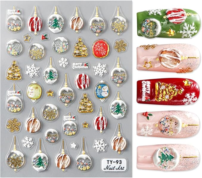 Christmas Snowflake Nail Stickers 5D Embossed Christmas Tree Snowman Nail Art Stickers Self-Adhesive Crystal Ball Nail Design Christmas Nail Decals for Women Girls Snowmen Nail Decoration 1 Sheets