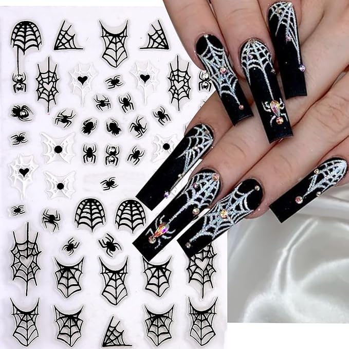 4 Sheets Halloween 5D Embossed Spider Nail Stickers for Nail Art Exquisite Glitter Rhinestones Nail Design Stickers Self-Adhesive Evil Eye Nail Decals Holiday Nail Art Decoration for Women DIY Set