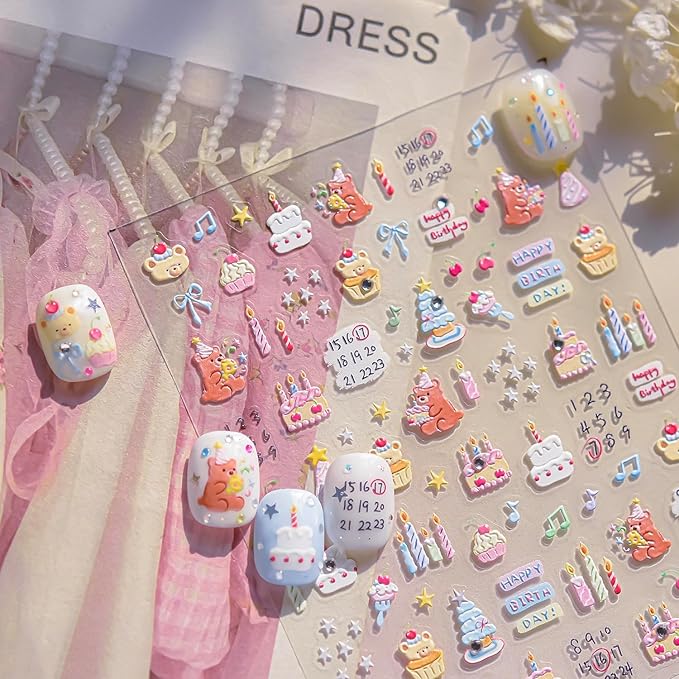 Christmas Tree Nail Stickers 3D Birthday Cake Candle Nail Art Stickers Letter Number Bear Nail Decals Self Adhesive Design Sticker Holiday Nail Art Decoration for Girls Women Manicure Accessories