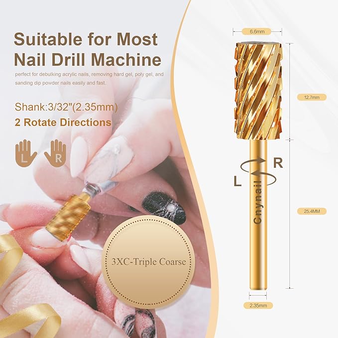 3/32" Large Barrel Flat Top Tungsten Carbide Nail Drill Bit Safety Bit for Gel & Acrylic Removal, 2-Way Rotating Efile Tip, Salon Electric File Accessory (3XC Grit, Gold)