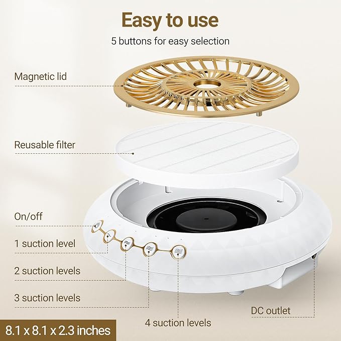 Nail Dust Collector 5000RPM Quiet Vacuum Fan with Dustwith Reusable Filter for Home & Salon Manicure - Beginners & Pros