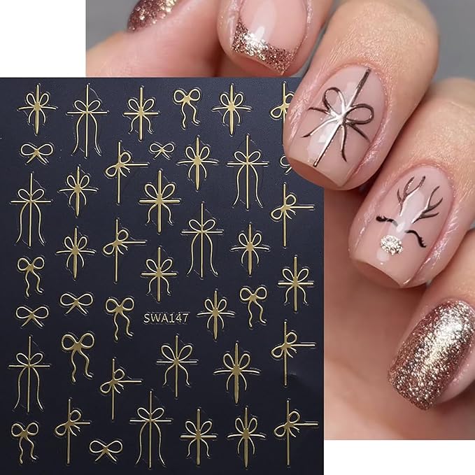 6Pcs Christmas Nail Art Stickers 3D Bow French Tips Line & Gold Red Green Christmas Bow Designs Xmas Nail Supplies French Nail Tip Foils Winter New Year Manicure Decoration Accessories