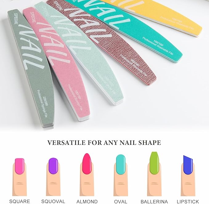Nail Files and Buffers Kit 6Pcs 100/150/180/220/240/280/1000/4000 Grit Professional Emery Boards Reusable Washable Coarse Nail File for Gel Nails