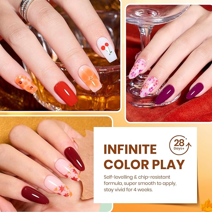 Beetles Fall Gel Nail Polish Set – Autumn Aura 20 Colors Gel Polish Kit, Burgundy Red Brown Yellow Orange Purple Cat Eye & Glitter Soak Off UV LED Manicure with Base Glossy Matte Top Coat