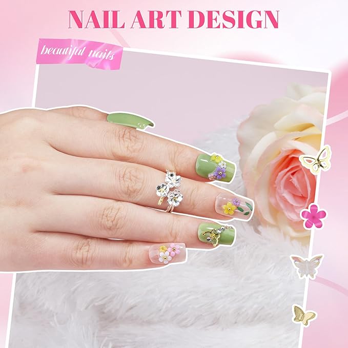 3 Boxes 3D Flower Nail Charms and Gems - Colorful Nail Flower & Aurora Bow Charms Metal Butterfly Clear Rhinestones Gemstones Silver/Gold Caviar Beads White Pearls with Nail Chain (12-S3-Mixed1)