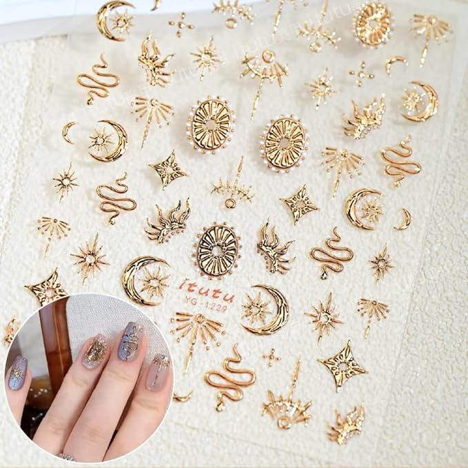 5D Embossed Nail Sticker Gold Snake Nail Art Sticker Self Adhesive Nail Decals Bronzing Stars Moon Star Nail Art for Women Girls Manicure Supplies Nails Art Decorations