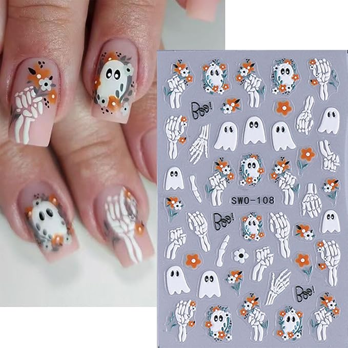4 Sheets Halloween Nail Art Stickers 5D Embossed Cute Ghost Nail Stickers Black Cat Pumpkin Design Flower Finger Skeleton Nail Decals Nail Art Supplies for Women Acrylic DIY Nail Decorations