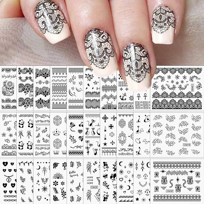 30 Sheets Black Nail Art Stickers 3D Self-Adhesive Black Lace Hollow Nail Decals 3D Black Retro Cat Flower Star Moon Heart Nail Stickers Nail Art Design for Women DIY Acrylic Nails Decoration