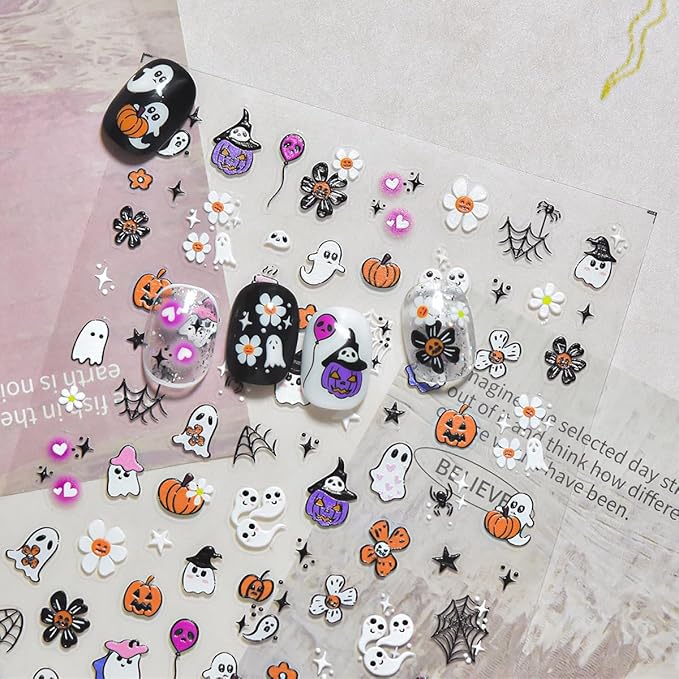 5D Embossed Halloween Nail Art Stickers Cute Ghost Nail Decals Self-Adhesive Pumpkin Skull Flower Spider Web Nails Design Stickers Halloween Nails Supplies for Women Holiday Manicure Decorations