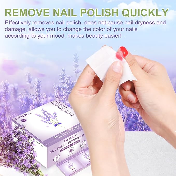 NXJ INFILILA Nail Polish Remover Pads - Individually Wrapped - Quick Nail Polish Remover Wipes - Fingernail Travel Kit to Clear Nail Polish for Home & Professional Removal(Lavender Fragrance)