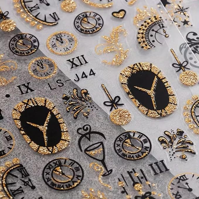 6PCS Clock Nail Art Stickers New Year Nail Decals 3D Self-Adhesive Gold Glitter Nail Stickers Clock Wine Glass Christmas Ball Fireworks Design Countdown Nails Supplies for Women Christmas Nails Decor
