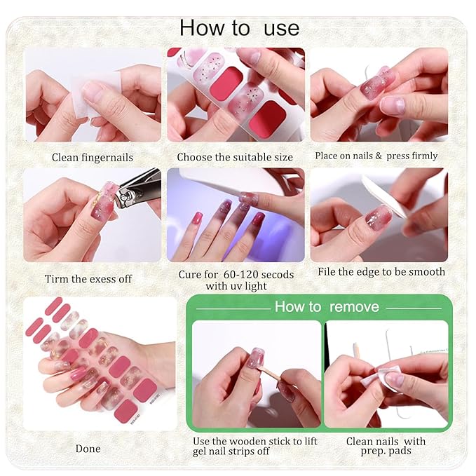 WOKOTO 1 Sheet Semi Cured Gel Nail Strips With Wood Stick, Nail File & Prepared Pads, 20 Tips Glittery Fantasy Green Semi Cured Nail Polish Strips, Harden With UV Light Gel Nail Wraps Stickers