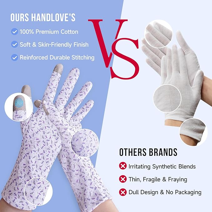HandLove Premium 100% Cotton Gloves | Moisturizing Gloves for Dry Hands & Eczema | Overnight Sleeping Gloves, Eczema Gloves | Touchscreen | Extended Wrist White Gloves with Lavender Speckles, 2 Pairs