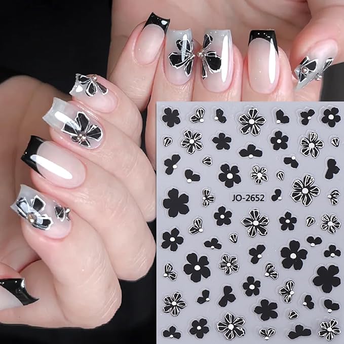 6Sheets Camellia Petals Nail Art Stickers 3D Metallic Flowers Nail Decals Engraved Flower Nail Sticker Black Gold Silver Designs Self-Adhesive Floral Nail Supplies for Women French Manicure Decoration
