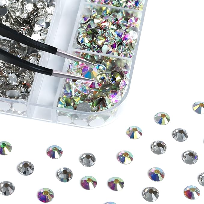 2448 Pieces Clear Flat Back Gems 6 Sizes Round Crystal Rhinestones for nails with Pick Up Tweezer and Rhinestones Picking Pen for Crafts Face Art Clothes Shoes Bags（AB&clear）