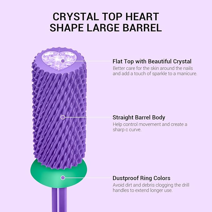 MelodySusie Large Barrel 3/32'' Tungsten Carbide Nail Drill Bit, Crystal Top Purple Heart Shape, Fast Remove Acrylic Gel, Cuticle Gel Polishing for Manicure Pedicure, Purple, Series Bit-S, Coarse