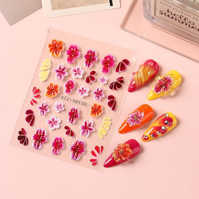 2 Sheets Flower Nail Stickers for Nail Art 5D Embossed Cherry Blossom Nail Decals Self-Adhesive Summer Hibiscus Flowers Nail Art Stickers Pink Floral Designs Nail Decal for Women Nail Decoration