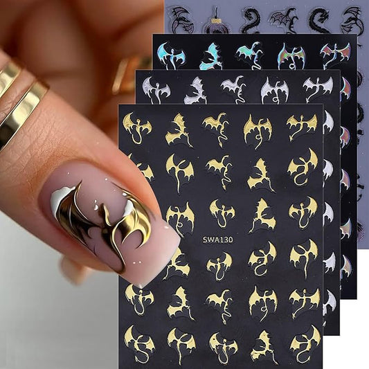 Halloween Nail Art Stickers Decals Metal Dragon Nail Decals Self-Adhesive Shiny Gold Silver Black Laser Dragon Nail Art Design Sticker Festival Fall Nail Stickers for DIY Manicure Decorations 4PCS