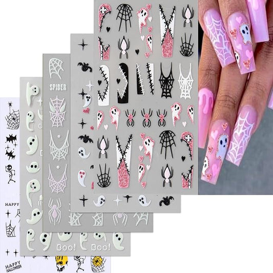 5 Sheets Halloween Nails Stickers French Tip Spider Web Nails Art Stickers 3D Self-Adhesive Supplies Nail Decal with Luminous Ghost Skeleton Design Nail Sticker for Nail Art Women's DIY Decoration