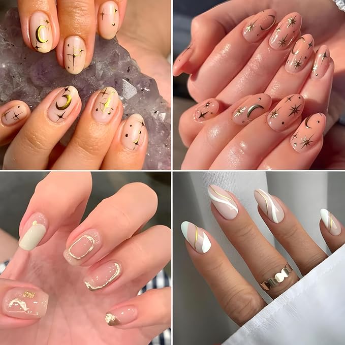 Gold Star Nail Art Stickers - 30 Sheets 3D Self-Adhesive Decals With Line and Heart Designs for Acrylic Nails - Art Supplies Decoration Accessories for Women
