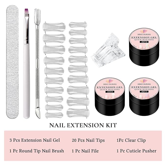 MEET ACROSS Poly Nail Gel 8Pcs Nail Extension Gel Set and Nail Extension Starter Kit for Beginners Nail Art DIY Home Gifts for Women (Pink + Gold Foil, 8pcs)