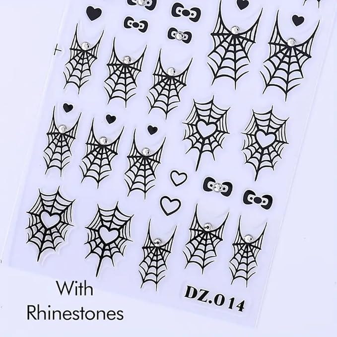 4PCS Halloween Nail Art Stickers Black Spider Web Spider Nail Decals with Rhinestone Crystal Spider Web Spider Nail Stickers Cute Bow Heart Halloween Nail Art Supplies for Women Manicure Decorations