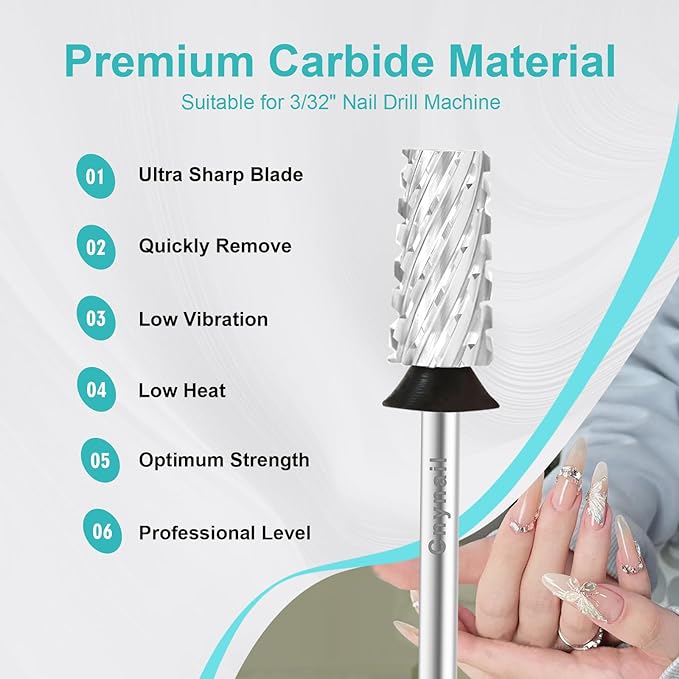 3/32" Large Tapered Barrel Flat Bit Tungsten Carbide Nail Drill Bit Safety Bit for Gel & Acrylic Removal, 2- Way Rotating Efile Tip, Salon Electric File Accessory (XC Girt, Silver)