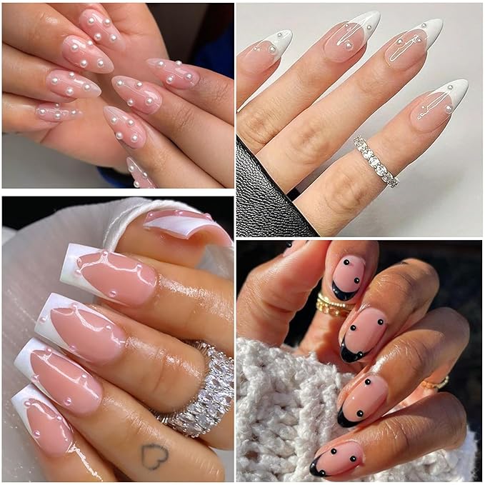 Nail Art Pearls with Rhinestones Glue Gel Flatback Pearls Nail Charms Luxurious Nails Supplies Accessories Gold Silver Gems Jewelry Colorful Pearl for Women Nails Design(4 Colors)