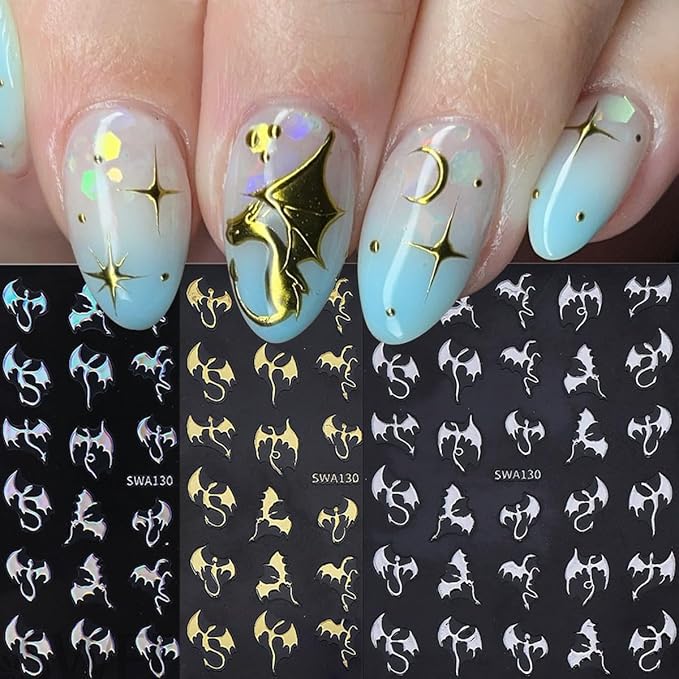 6 Sheets Halloween Nail Stickers 3D Self-Adhesive Dragon Nail Art Stickers Glitter Laser Gold Bat Design Horror Gothic Nail Decals Nail Art Supplies for Women Acrylic Manicure Decorations