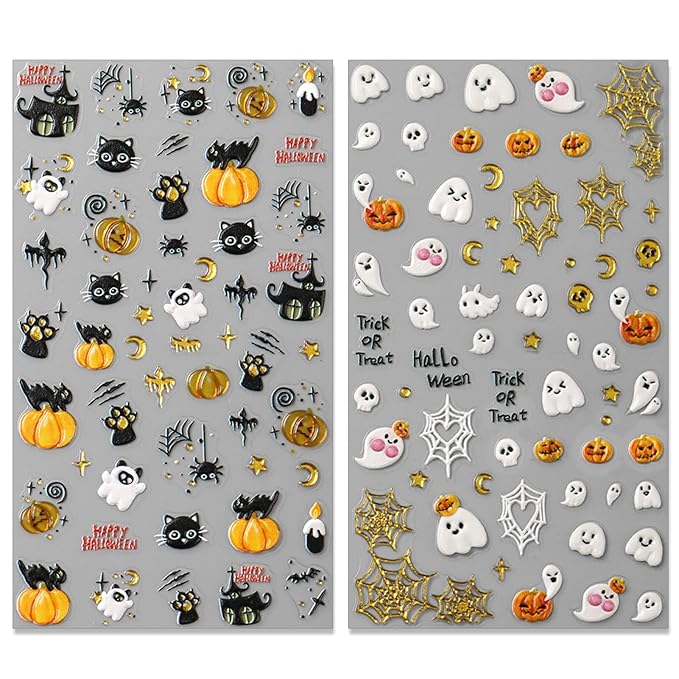 Halloween Spooky Nail Stickers, Embossed Ghost Black Cat 5D Self-Adhesive Nail Art Decals for DIY Cute Pumpkin Manicure (2 Sheets)