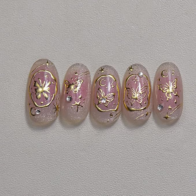 5D Embossed Gold Nail Stickers Butterfly Nail Art Stickers Self-Adhesive Bronzing Butterflies Star Nail Decals Gold Nails Design Manicure Decorations for Women Girls DIY Nail Supplies 1Pcs