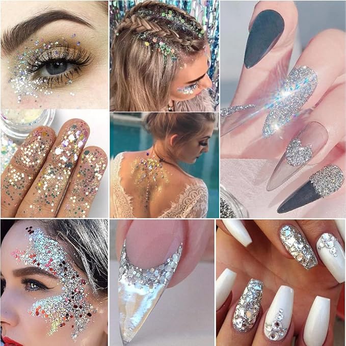 Holographic Nail Art Glitters Sequins 3D Flakes Supplies - Shiny Silver Acrylic Powder Dust Confetti Sparkle for Decoration Manicure Accessories - 8 Boxes