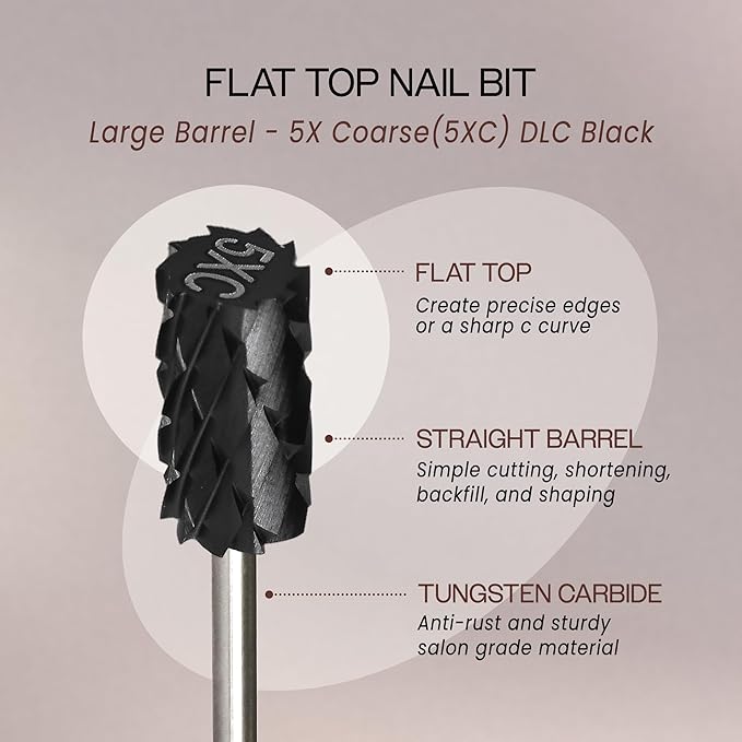 PANA Professional 3/32" Shank Size - Flat Top Large Barrel Carbide Bit - Nail Drill Bit for Dremel Machine (Silver, Gold, DLC Black) (5X Coarse, DLC Black)