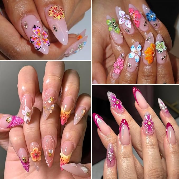 4 Sheets Embossed Flower Nail Art Stickers - Self-Adhesive Nail Decals, Colorful Floral Petals, 5D Acrylic Carved Design for Women & Girls Manicure Decoration
