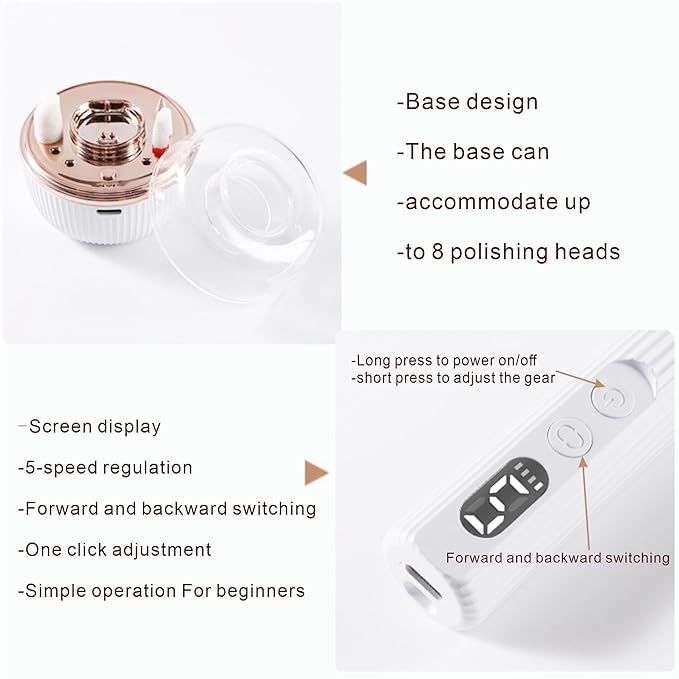 Electric Nail Drill File Professional - Cordless Nail Drill Filer Machine for Acrylic Nails Polishing, U V Lamp,Charging Base,5 Speed,Nail Grinder, Manicure Pedicure Kit for Salon Home