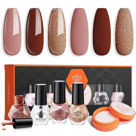 Modelones Nail Polish Set with 42 Pcs Remover Pads and Base Top Coat, 3 Colors Brown Glitter Mini Nail Polish Kit Fingernail Polish Bulk Manicure Diy Nail Art Salon Home