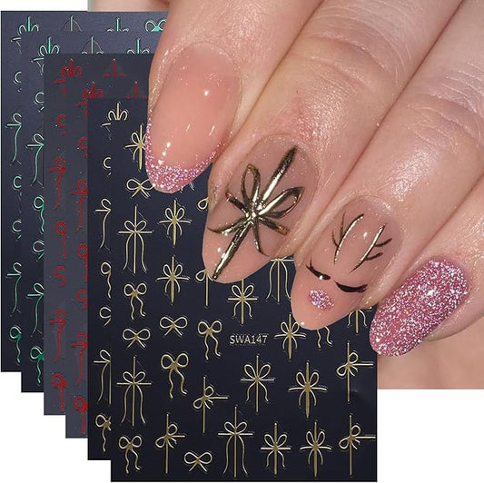 6Pcs Christmas Nail Art Stickers 3D Bow French Tips Line & Gold Red Green Christmas Bow Designs Xmas Nail Supplies French Nail Tip Foils Winter New Year Manicure Decoration Accessories