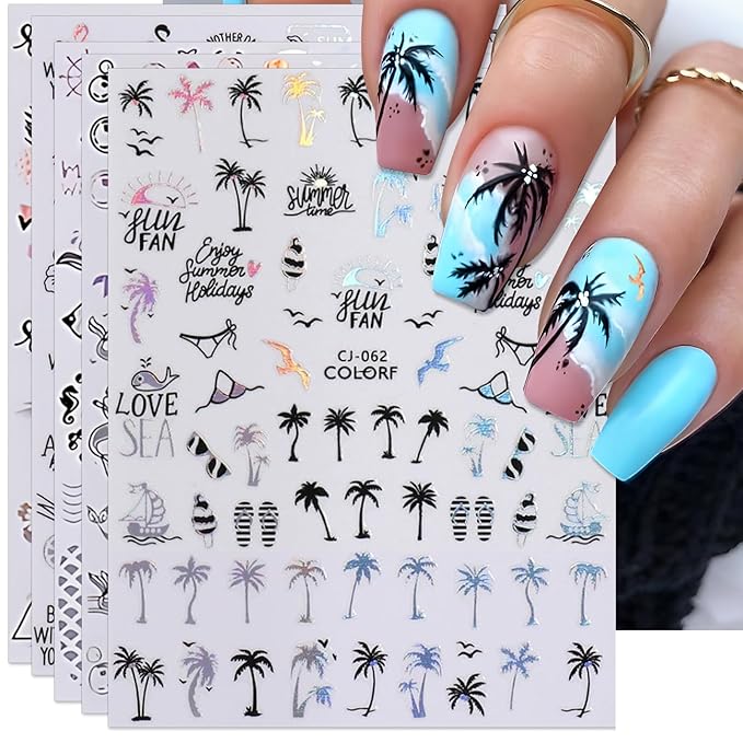 Summer Palm Tree Nail Art Stickers - Glitter Beach Mermaid Self-Adhesive Nail Decals for DIY Anchor Shell Coconut Tree Flamingo Manicure (6 Sheets)