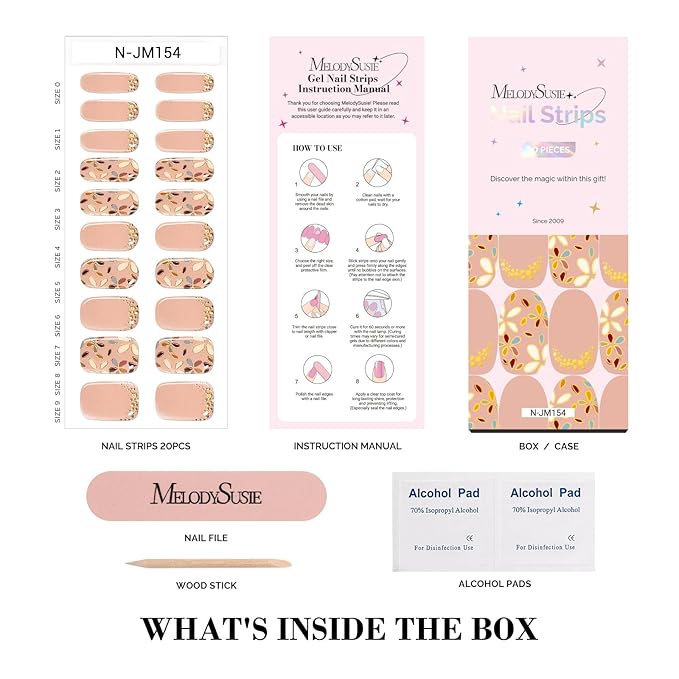 MelodySusie Semi Cured Gel Nail Strips (Brown Petals), Works with Nail Lamp, Salon Quality, Long Lasting, Easy to Apply and Remove, Includes 20Pcs, 2 Prep Pads, Nail File and Wooden Stick