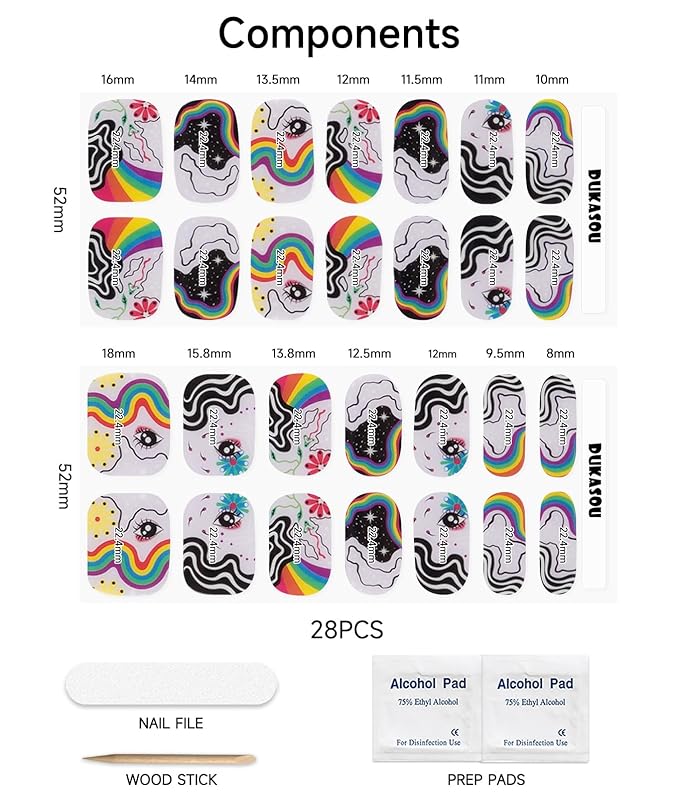 Semi Cured Gel Nail Strips (Rainbow Graffiti), 28 pcs UV Gel Nail Stickers for Women Work with Any UV Lamps, Salon Quality Nails Wraps for Home DIY Nails Art