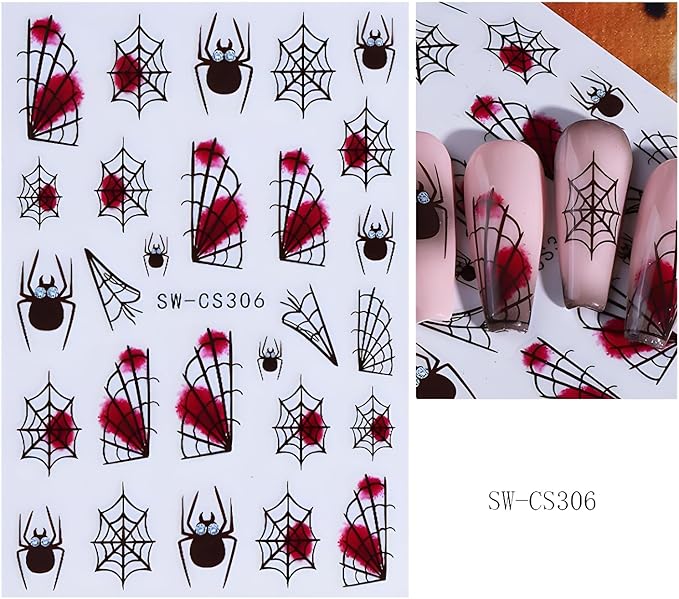 3 Sheets Halloween Nail Sticker for Nail Art 3D Self-Adhesive Spider Nail Stickers Red Black Nails Design Spider Web Nails Supplies Decoration Accessories for Women and Girls