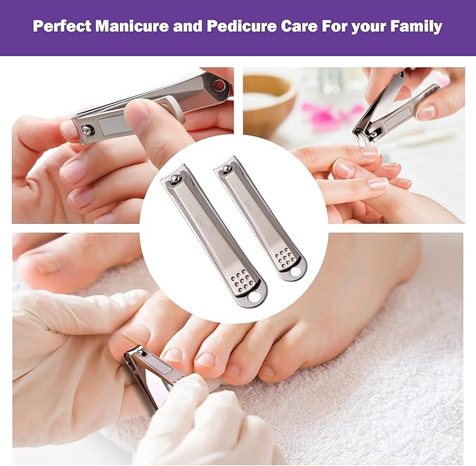 2Pcs Stainless Steel Fingernail Clipper W/Built-in Nail File, Ultra Sharpness & Sturdy Toenail Clipper Set for Men and Women, Washable
